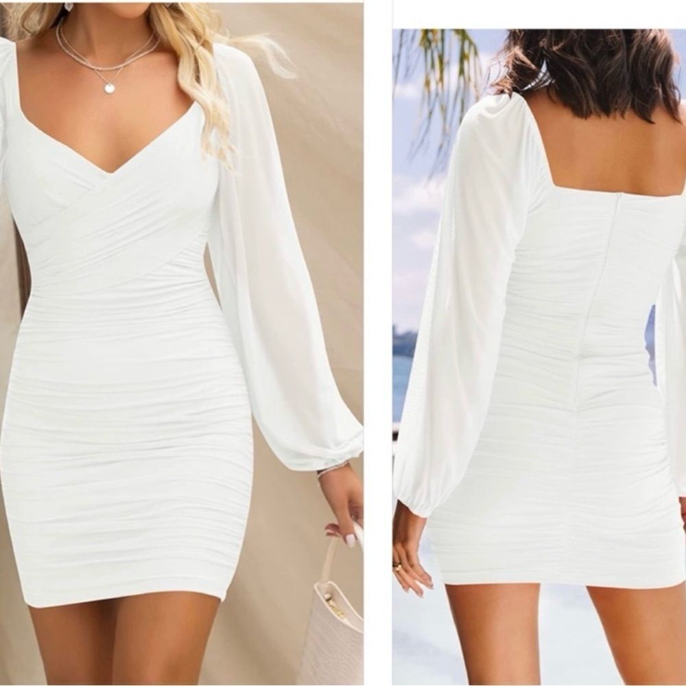 Sexy Ruched Mini Dress Long Puffy Sleeves Cocktail Party Dress